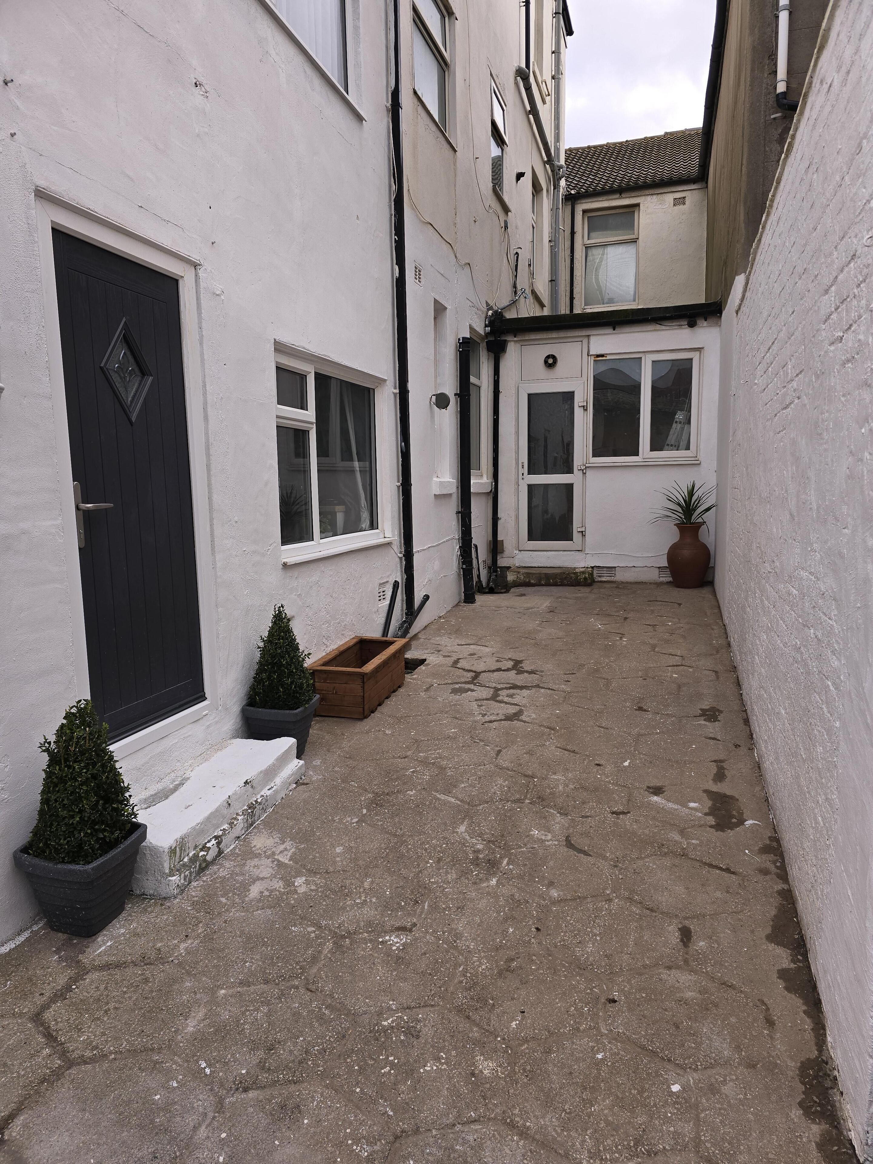 A narrow alleyway with a white building, a black door, and a potted plant.