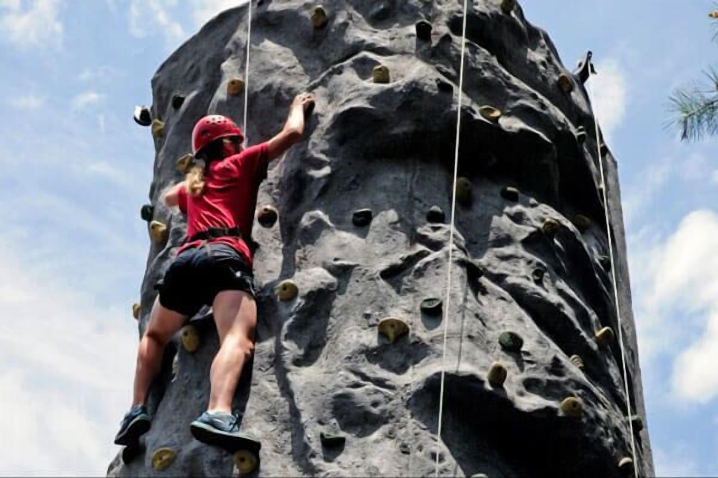 A person climbing a large rock wall with handholds.
