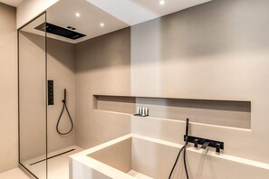 Shower, hair dryer, towels