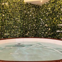 A hot tub surrounded by dense green foliage.
