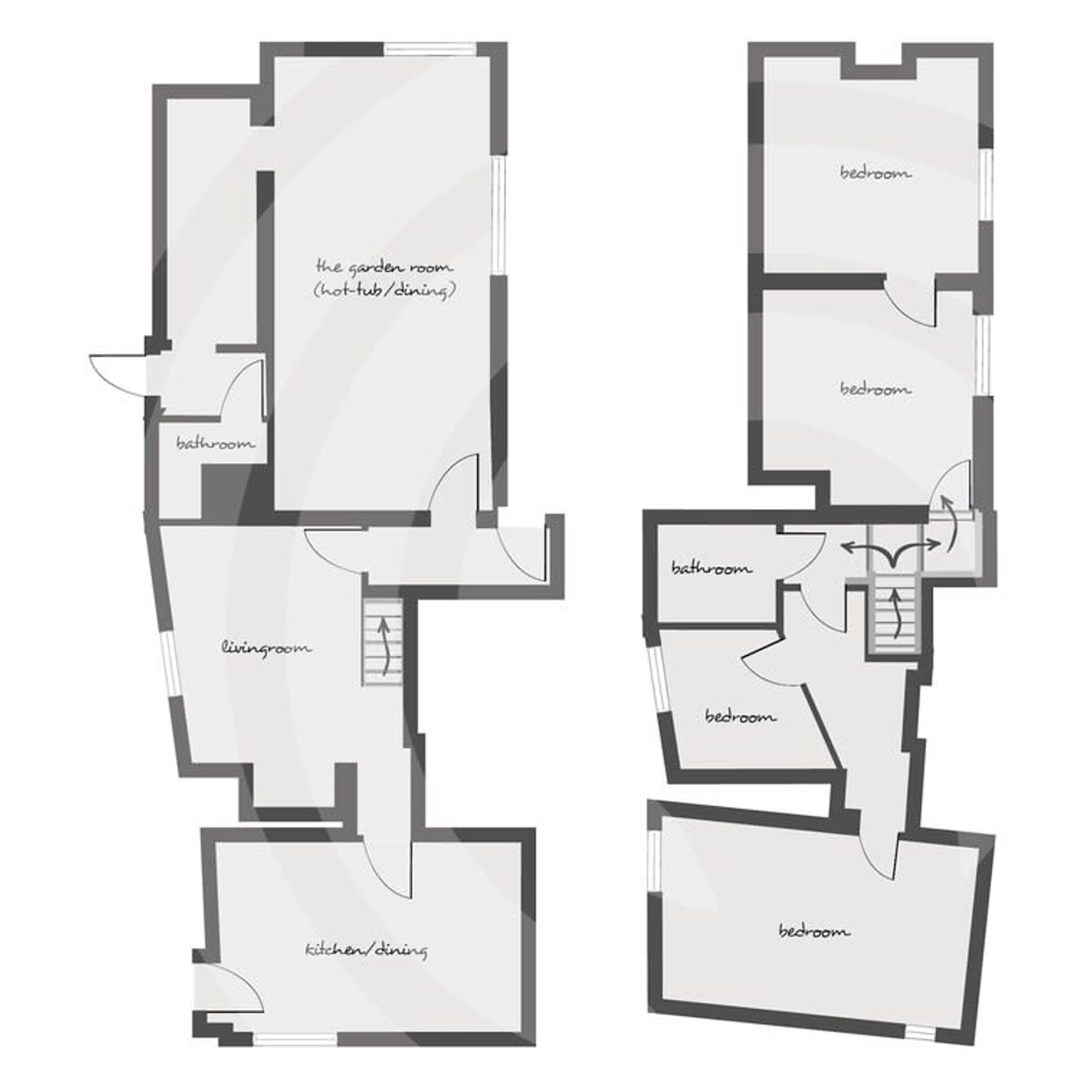 A floor plan of a hotel with two bedrooms, a bathroom, a living room, a kitchen/dining area, and a garden room.