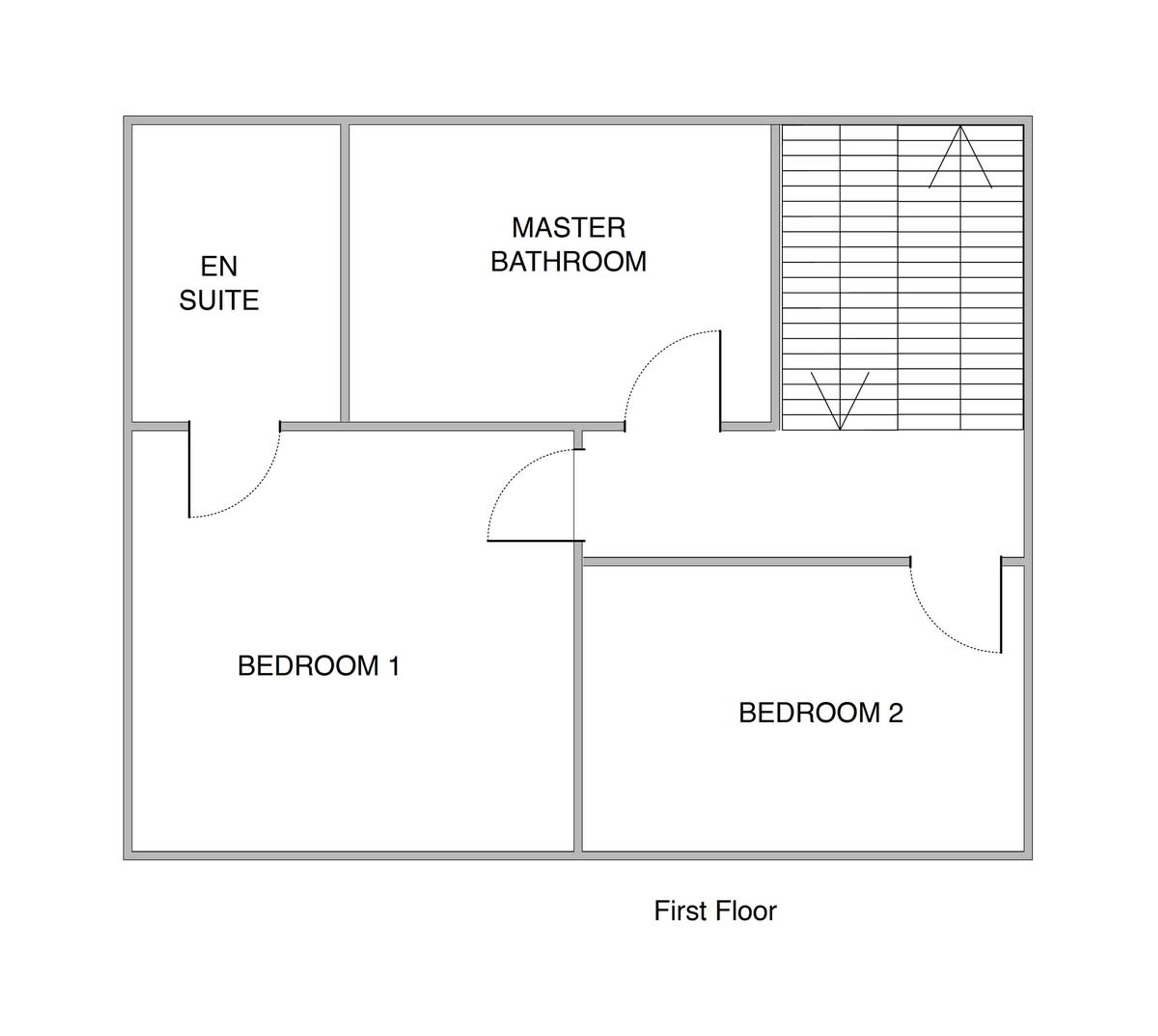 Plano de planta del primer piso con baño privado, baño principal y dos dormitorios.