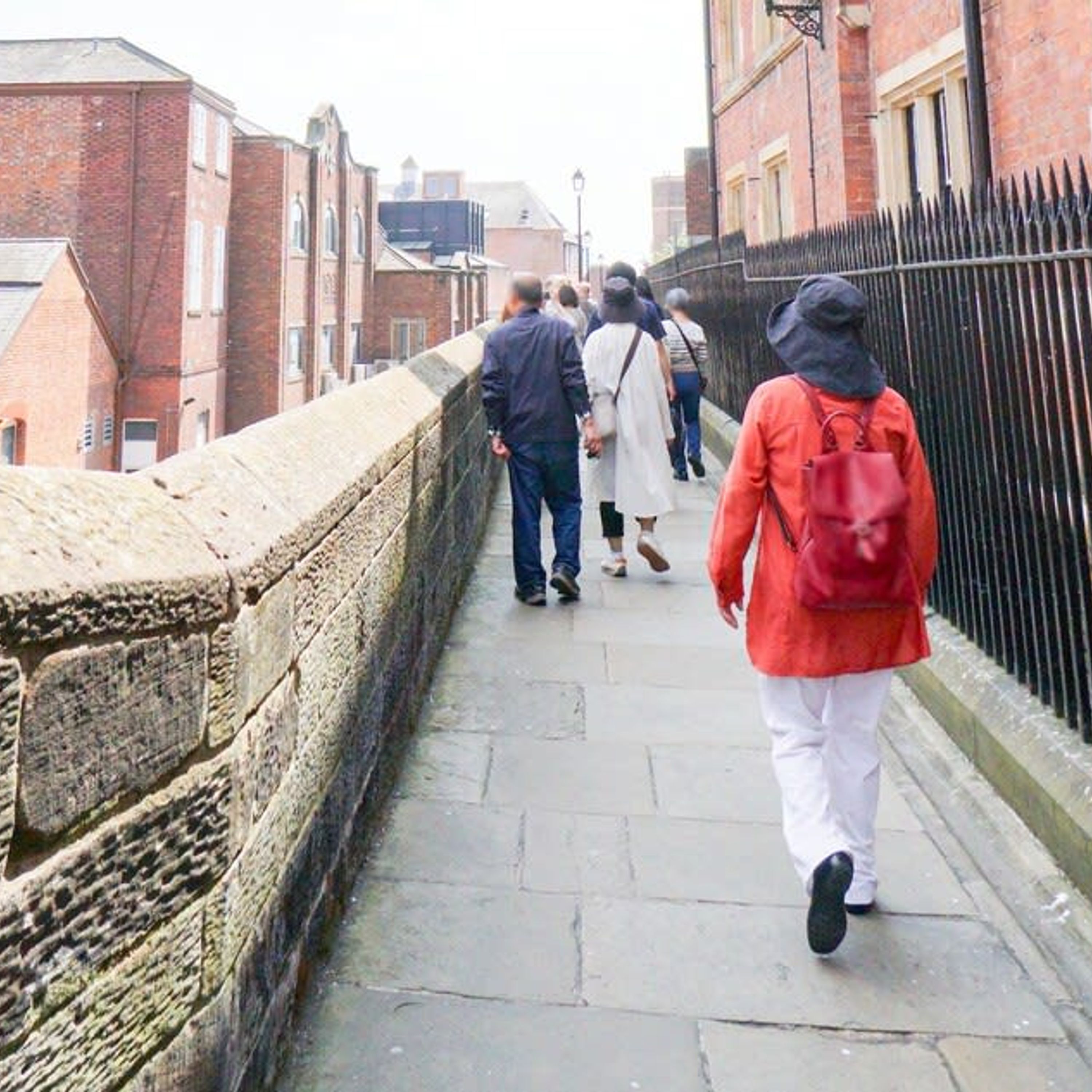 A stone pathway with a stone wall on one side and a metal fence on the other.