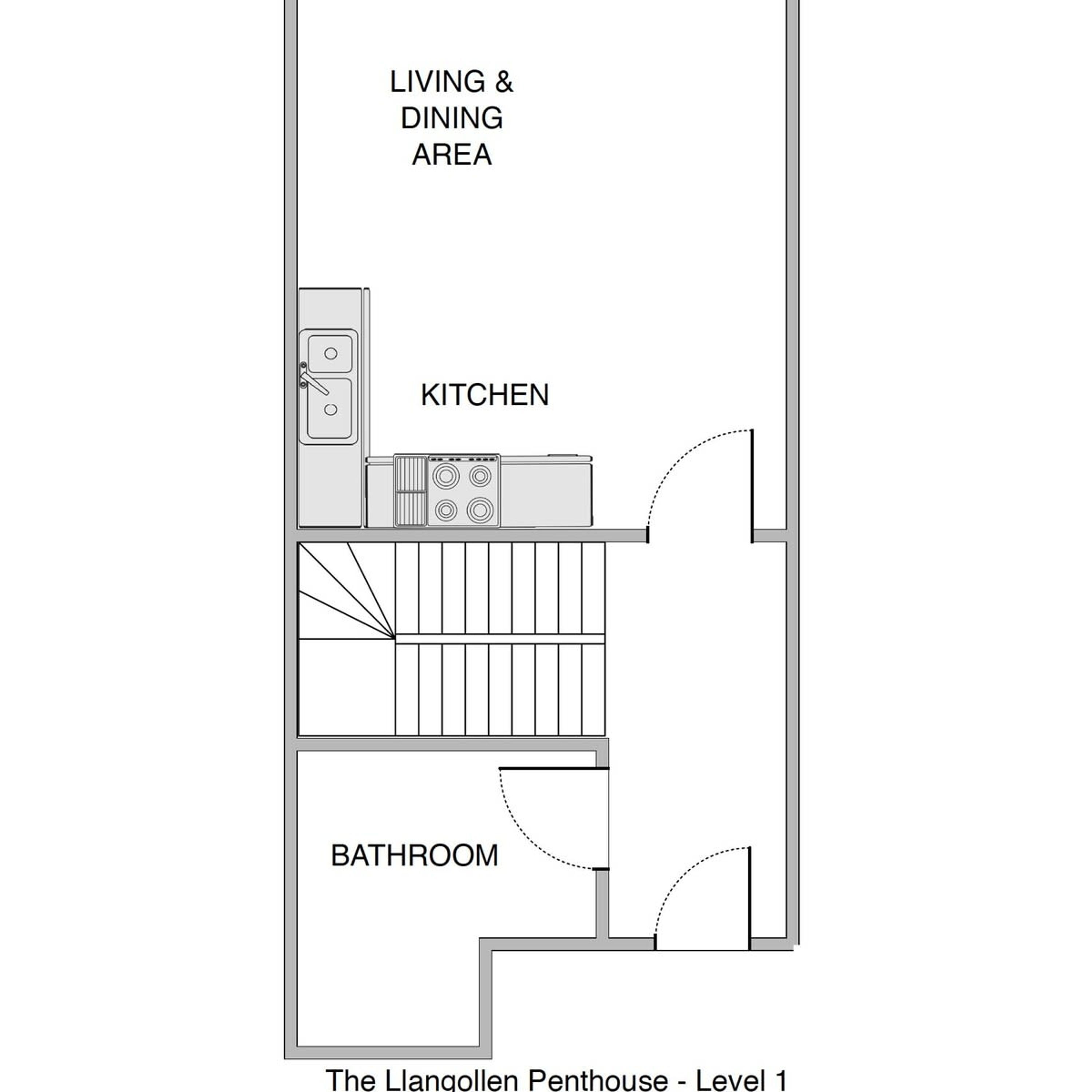 A floor plan of The Llangollen Penthouse - Level 1, including a kitchen, bathroom, and living & dining area.