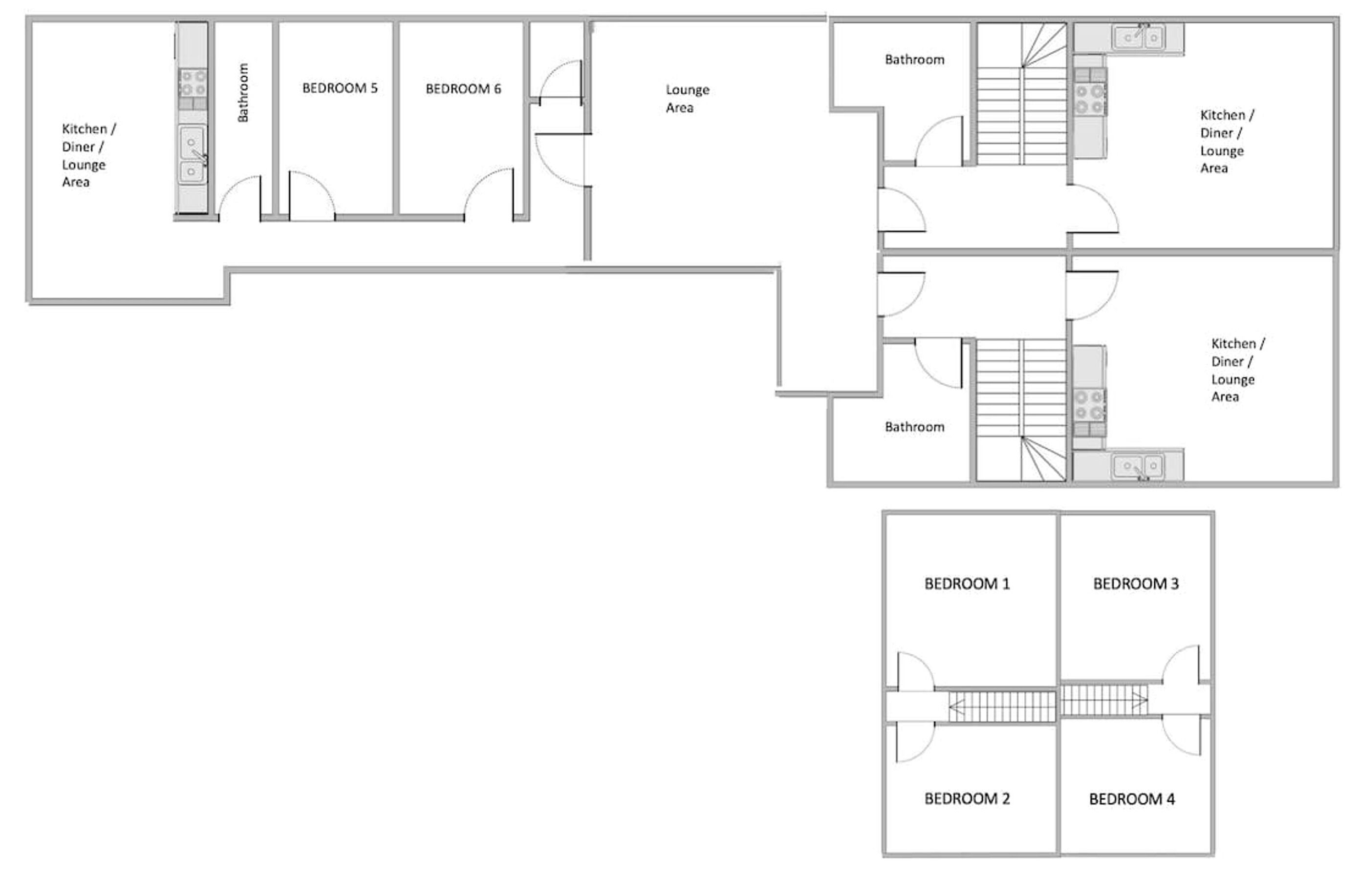 A floor plan of a hotel with 6 bedrooms, 2 bathrooms, a lounge area, and a kitchen/lounge area.