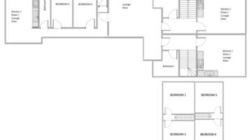 A floor plan of a hotel with 6 bedrooms, 2 bathrooms, a lounge area, and a kitchen/lounge area.