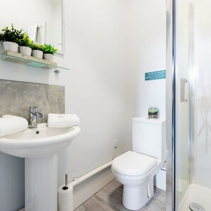 A modern bathroom with a glass shower enclosure, a white toilet, and a sink with a mirror above it. - Wrexham Central Stay Apartment Six (Wrexham)