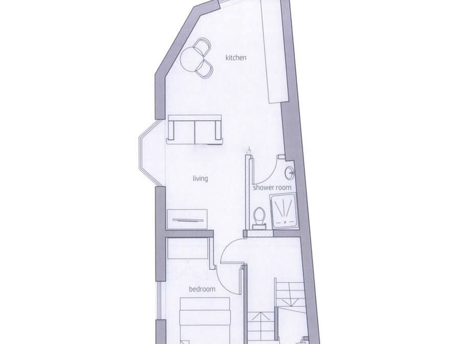 A floor plan with a kitchen, living area, shower room, and bedroom.