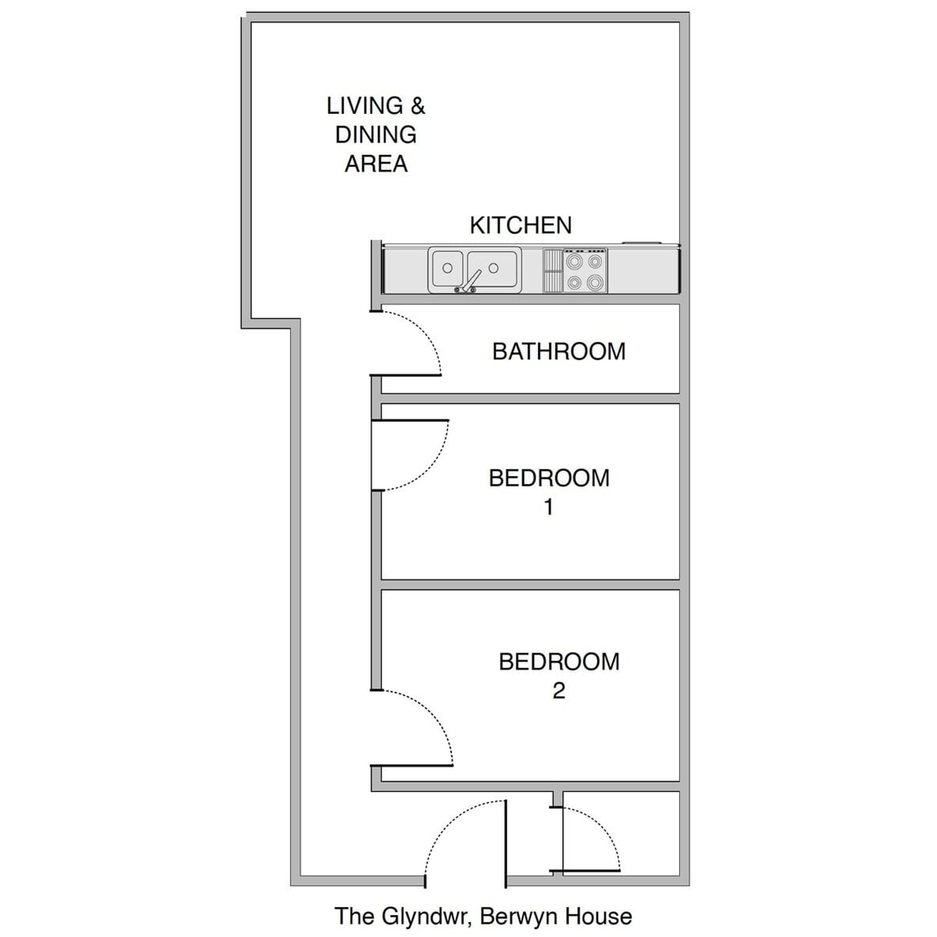 Plano de distribución de The Glyndŵr, Berwyn House, que incluye sala de estar y comedor, cocina, baño y dos dormitorios.