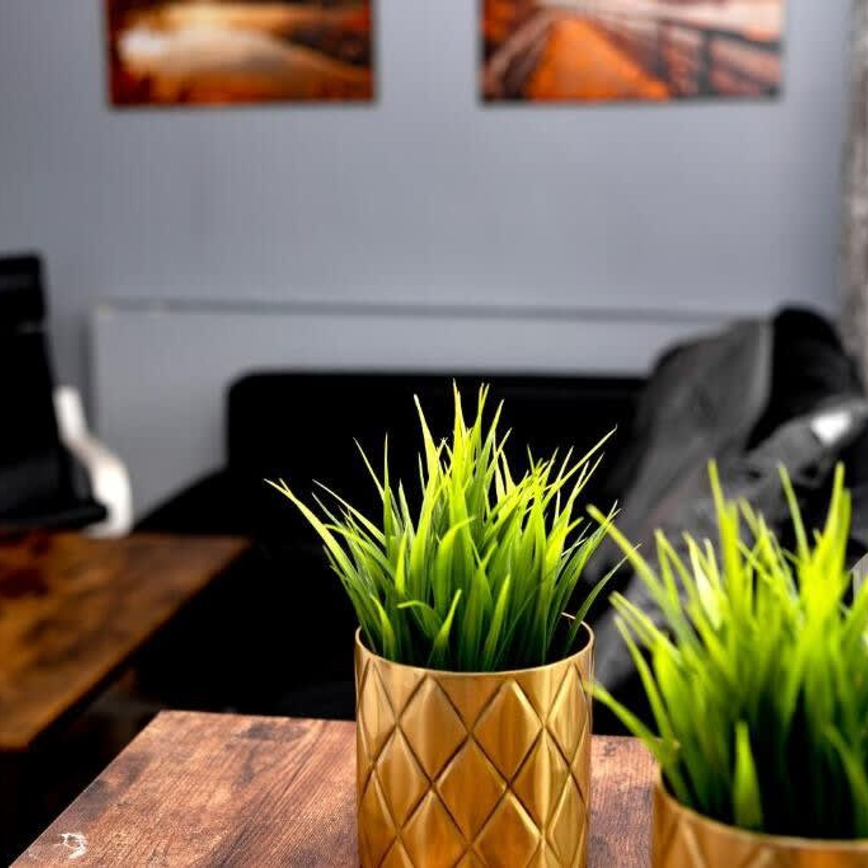 Una habitación con una mesa de madera, un sofá y dos plantas en macetas dentro de jarrones dorados.