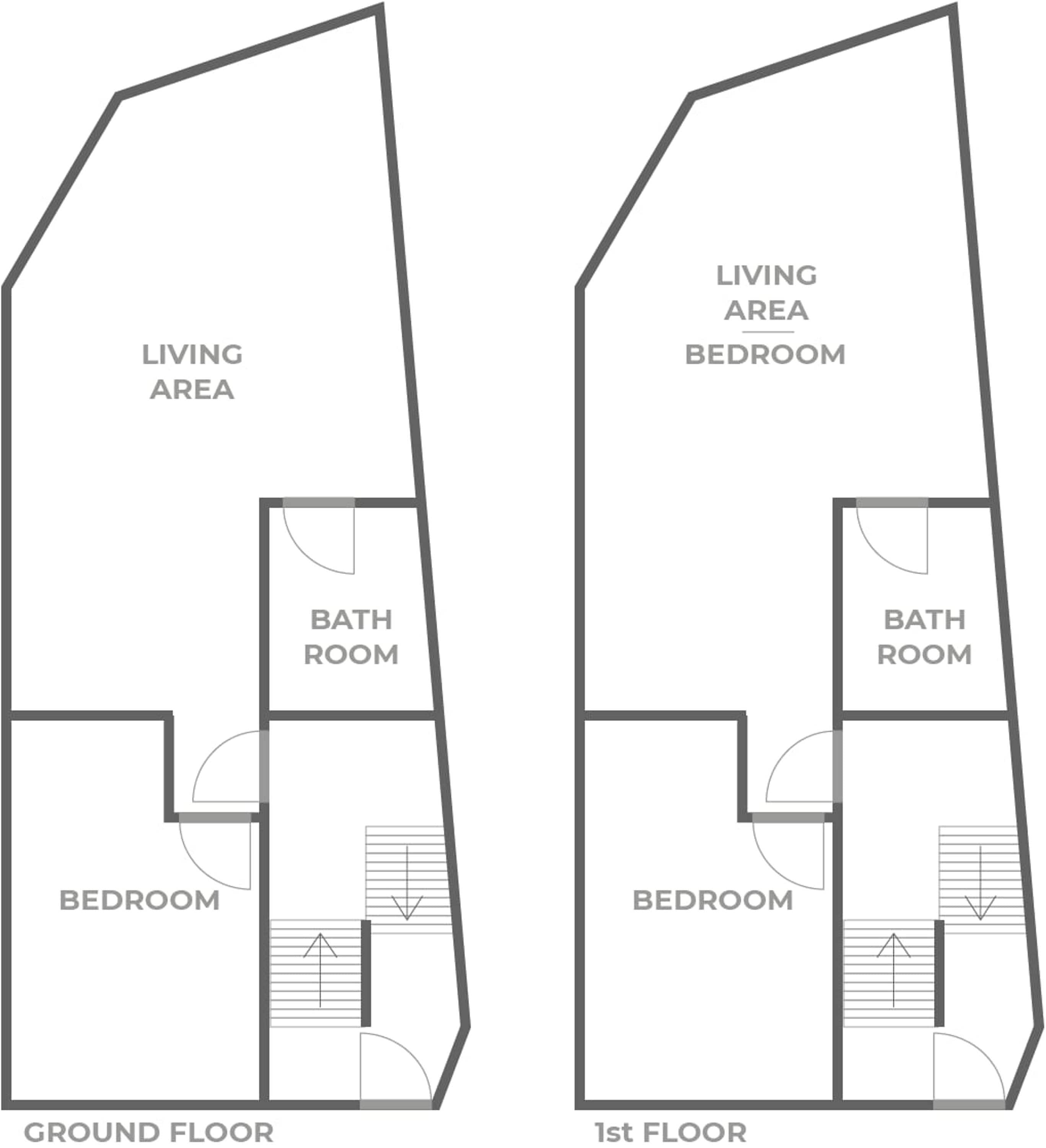 A floor plan of a two-story apartment with a ground floor bedroom, a living area, and a bathroom.