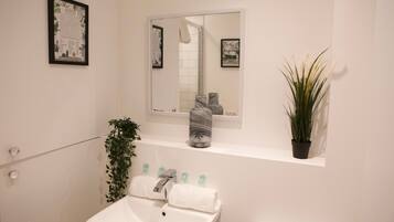 Een badkamer met een witte wastafel, een spiegel, een potplant en een lijst met een afbeelding aan de muur.