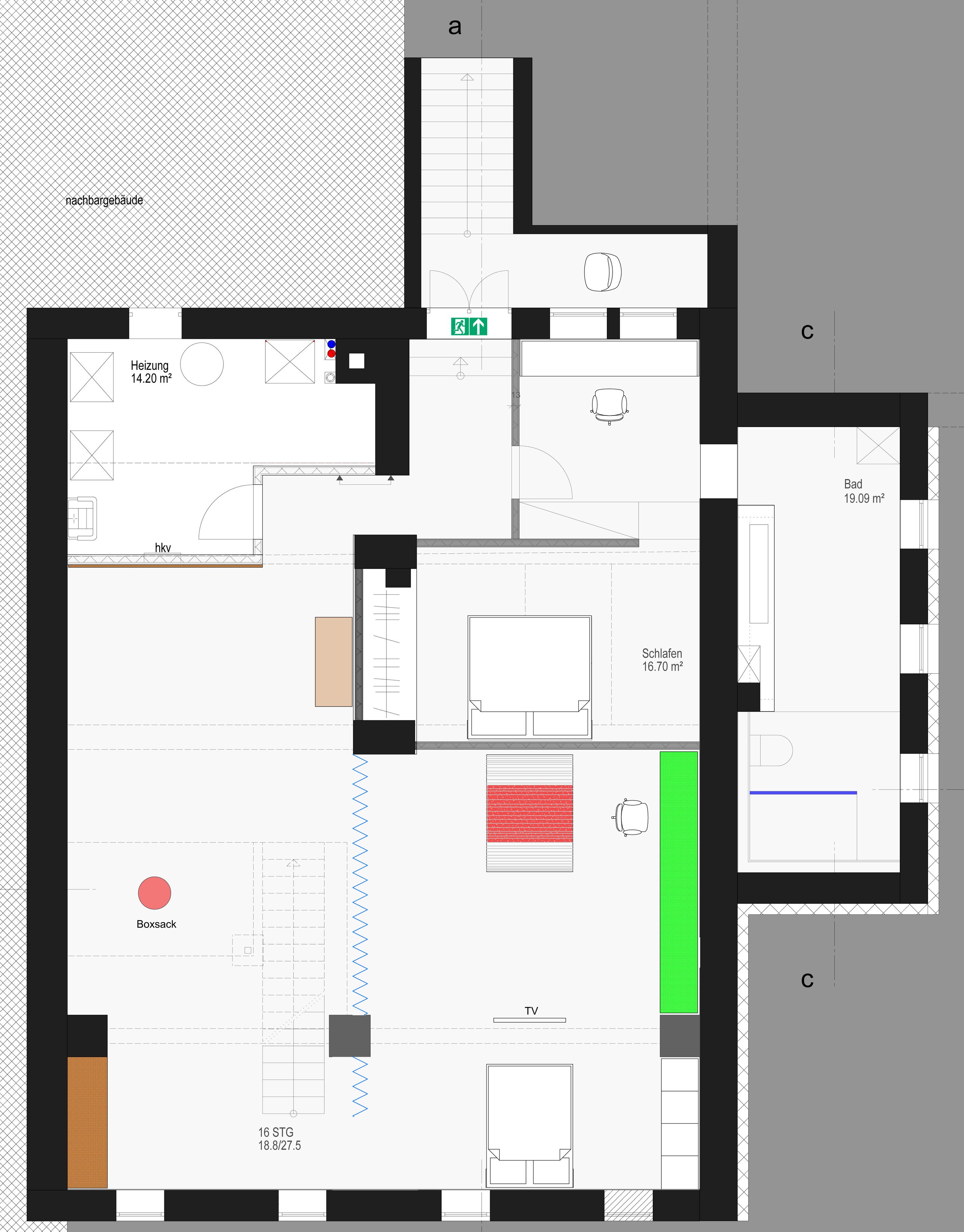 A floor plan of a hotel with a kitchenette, a bathroom, a living area, and a bedroom.