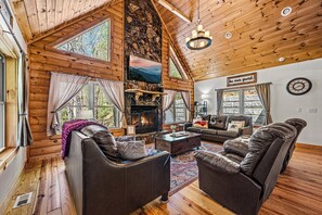 Smart TV, fireplace, books