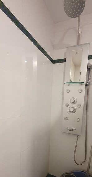 Shower, hair dryer, towels, toilet paper