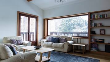 Televisie, een open haard, een dvd-speler en een stereo