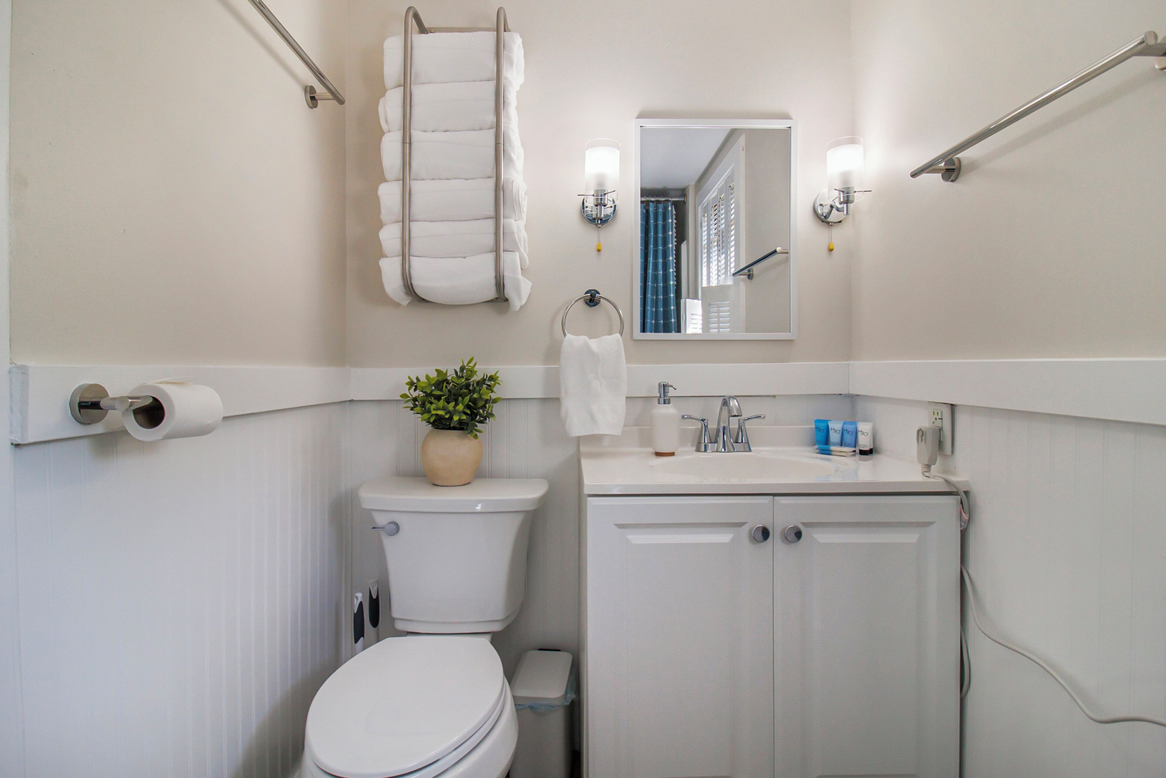 A bathroom with a toilet, sink, mirror, towel rack, and a plant.