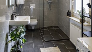 A modern bathroom with a glass-enclosed shower, a white sink, and a toilet.