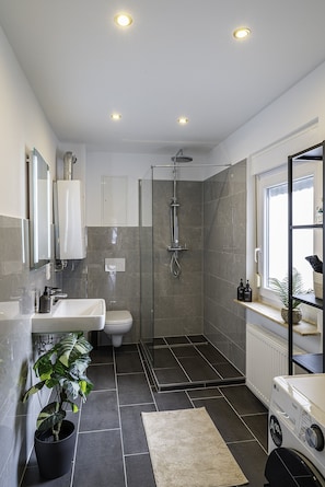 Shower, hair dryer, towels, soap