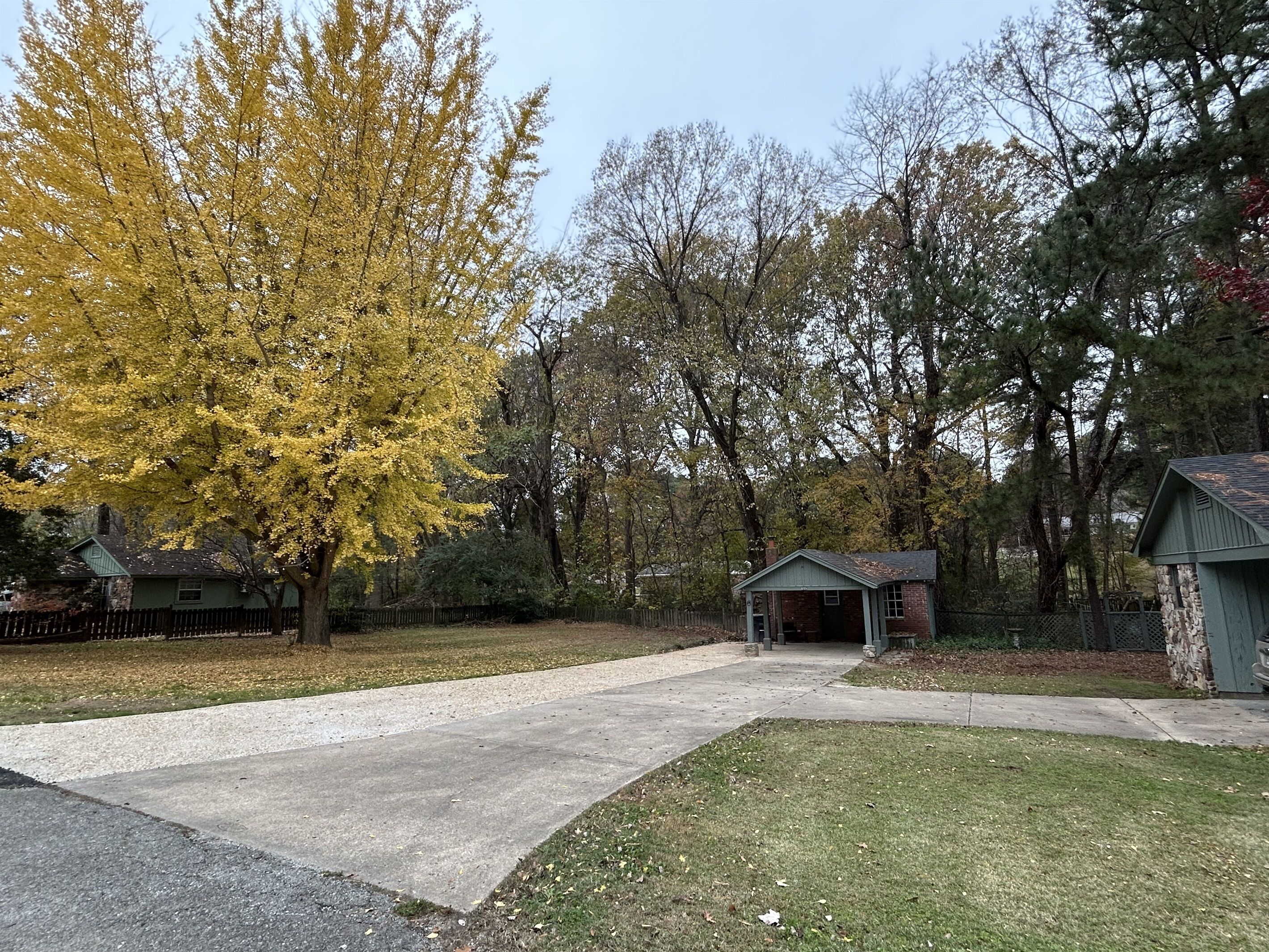 Una zona residenziale con vialetto che conduce a una casa e un piccolo deposito.