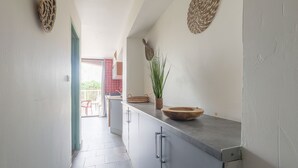 A narrow kitchen with grey cabinets, a wooden bowl on the counter, and a potted plant. - L'Isula - Front de mer -  Appt pour 5 climatisé avec piscine (L'Île-Rousse)
