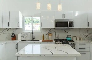 Fridge, microwave, oven, stovetop
