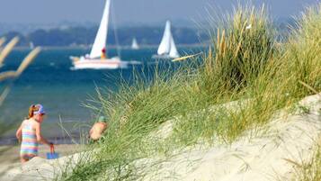 A beach with sand dunes and a view of sailboats on the water.