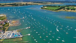 An aerial view of a marina with numerous boats docked and a small pier with buildings.