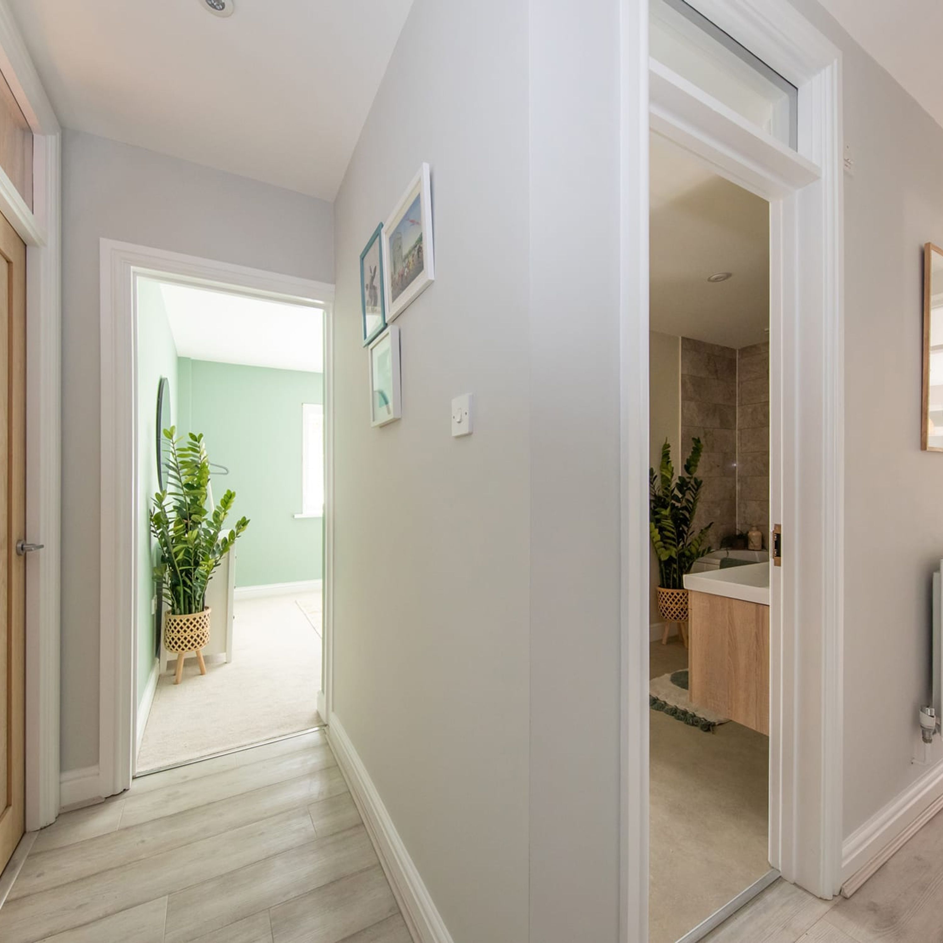 A hallway leading to a bathroom with a shower and a sink. There are framed pictures on the wall and a potted plant in the hallway.