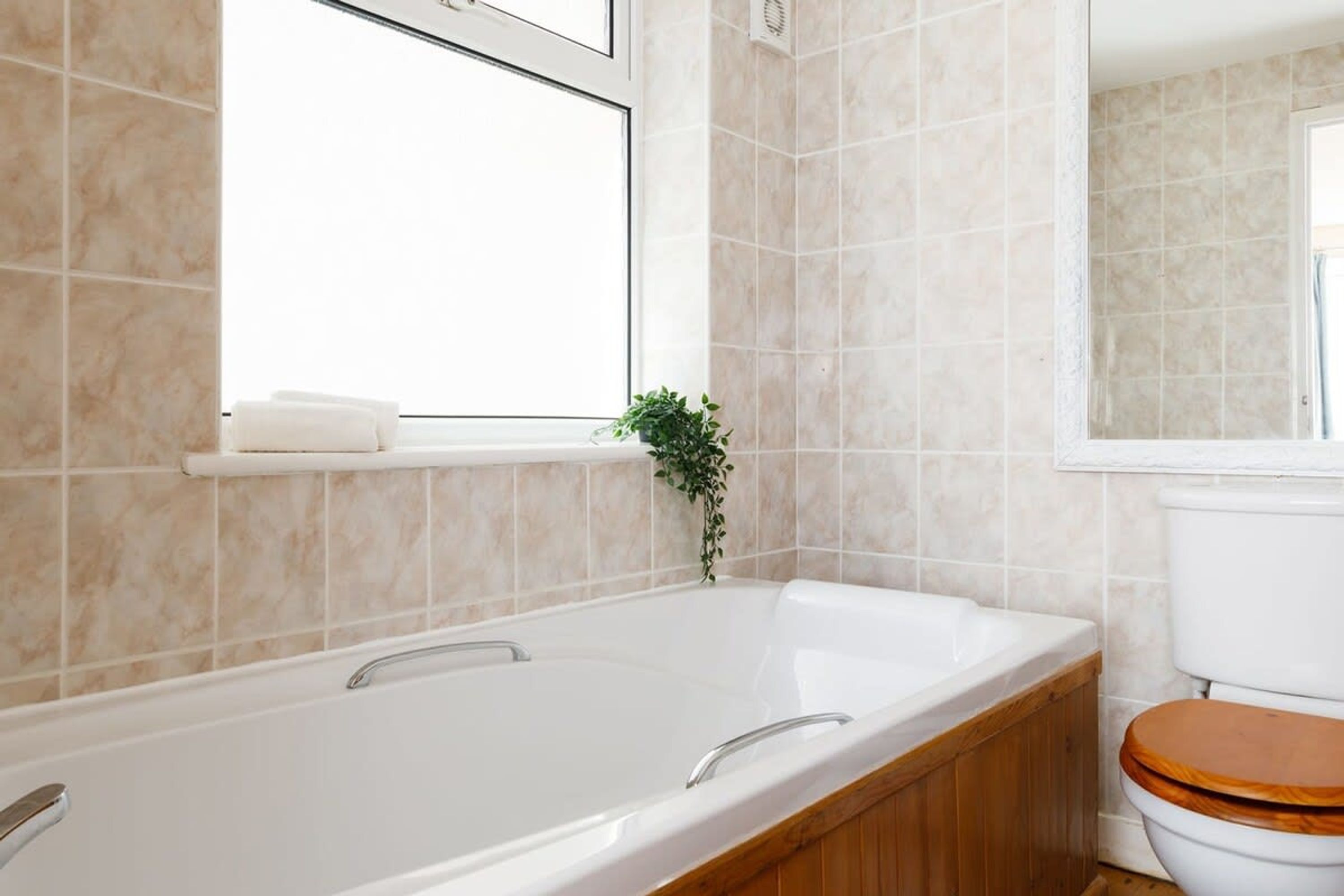 Un baño con bañera, una ventana, inodoro y repisa con planta.