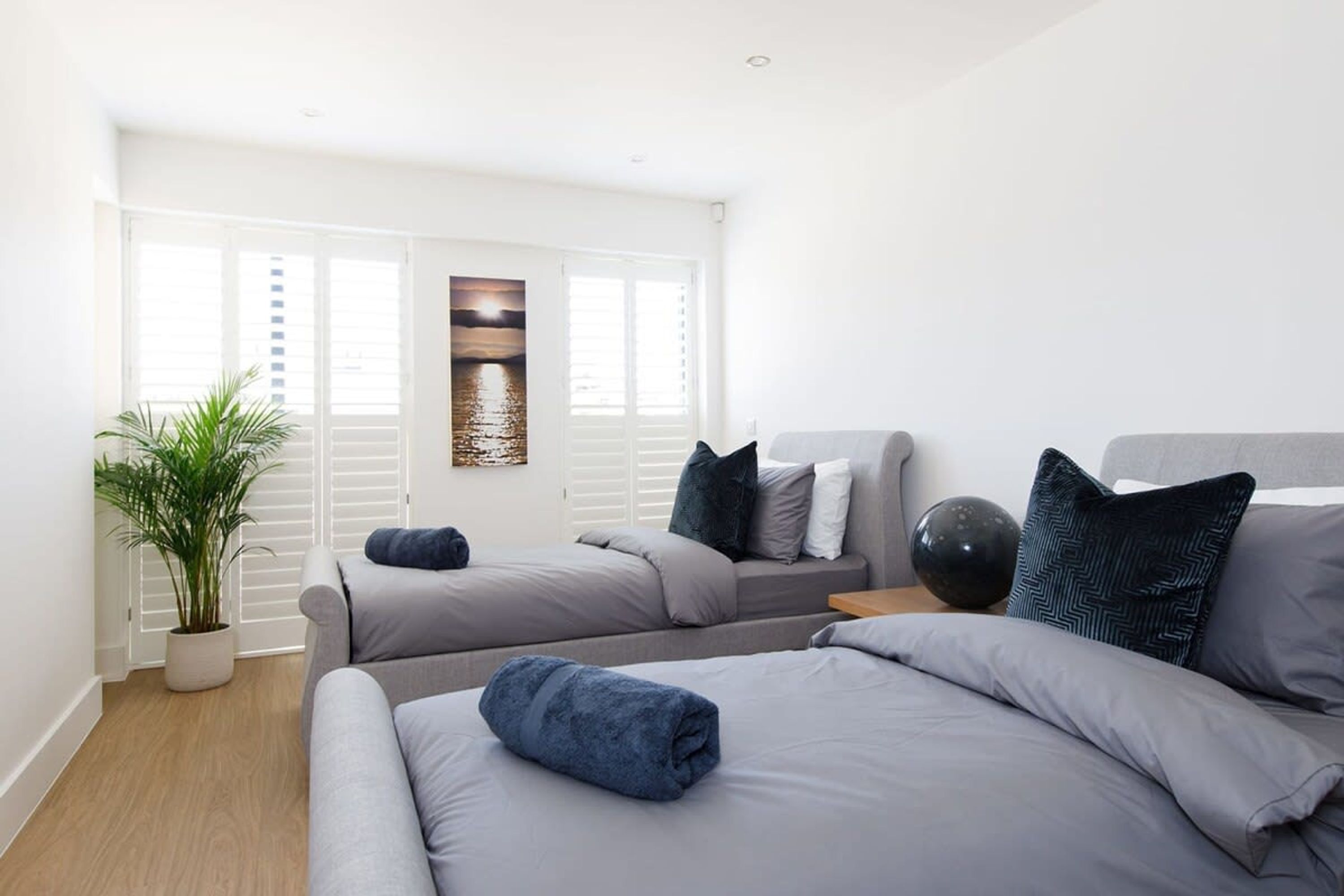 A modern bedroom with a large bed, a sofa, and a potted plant.