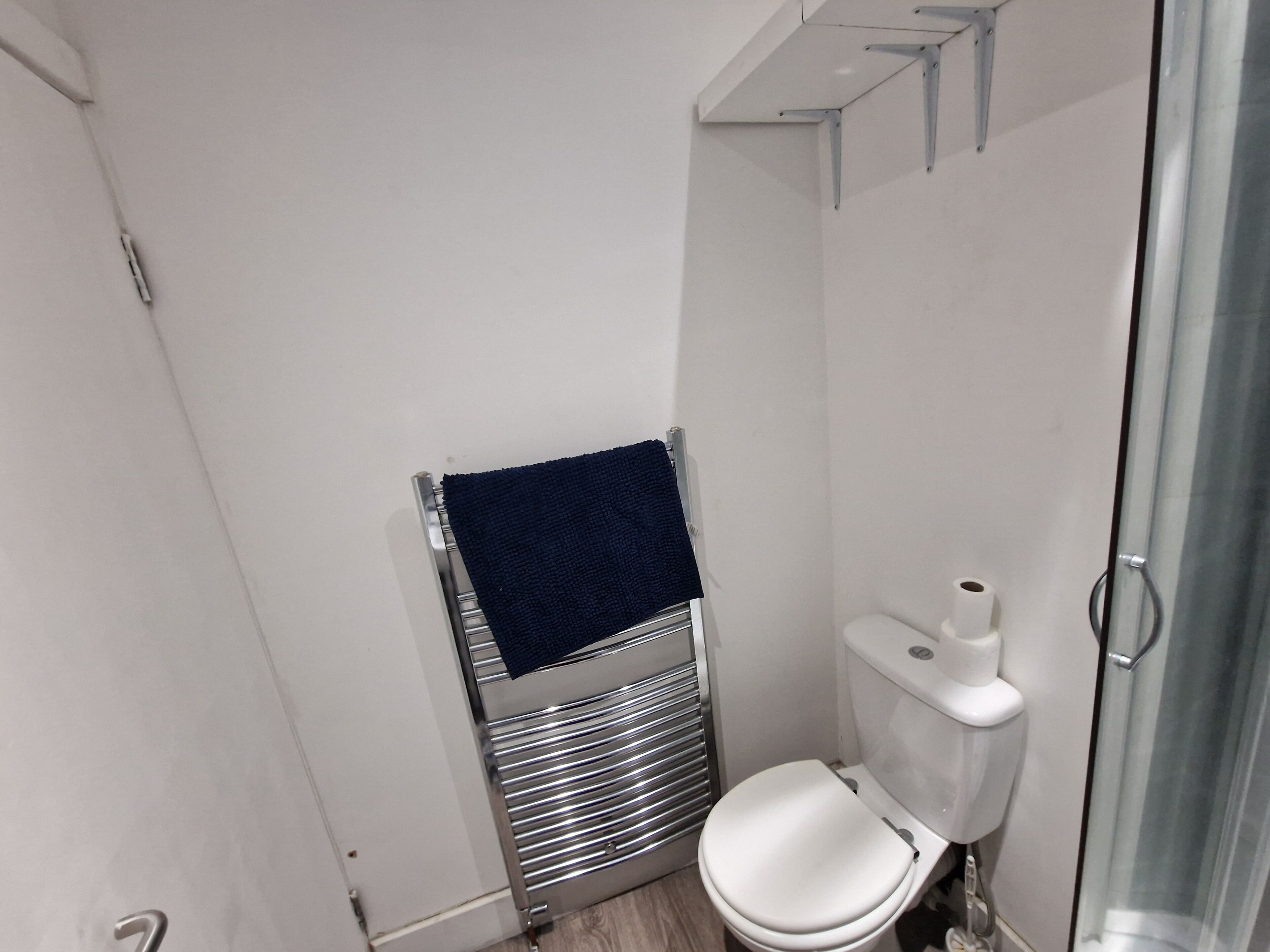 A compact bathroom with a white toilet, a towel rack with a dark towel, and a glass shower enclosure.