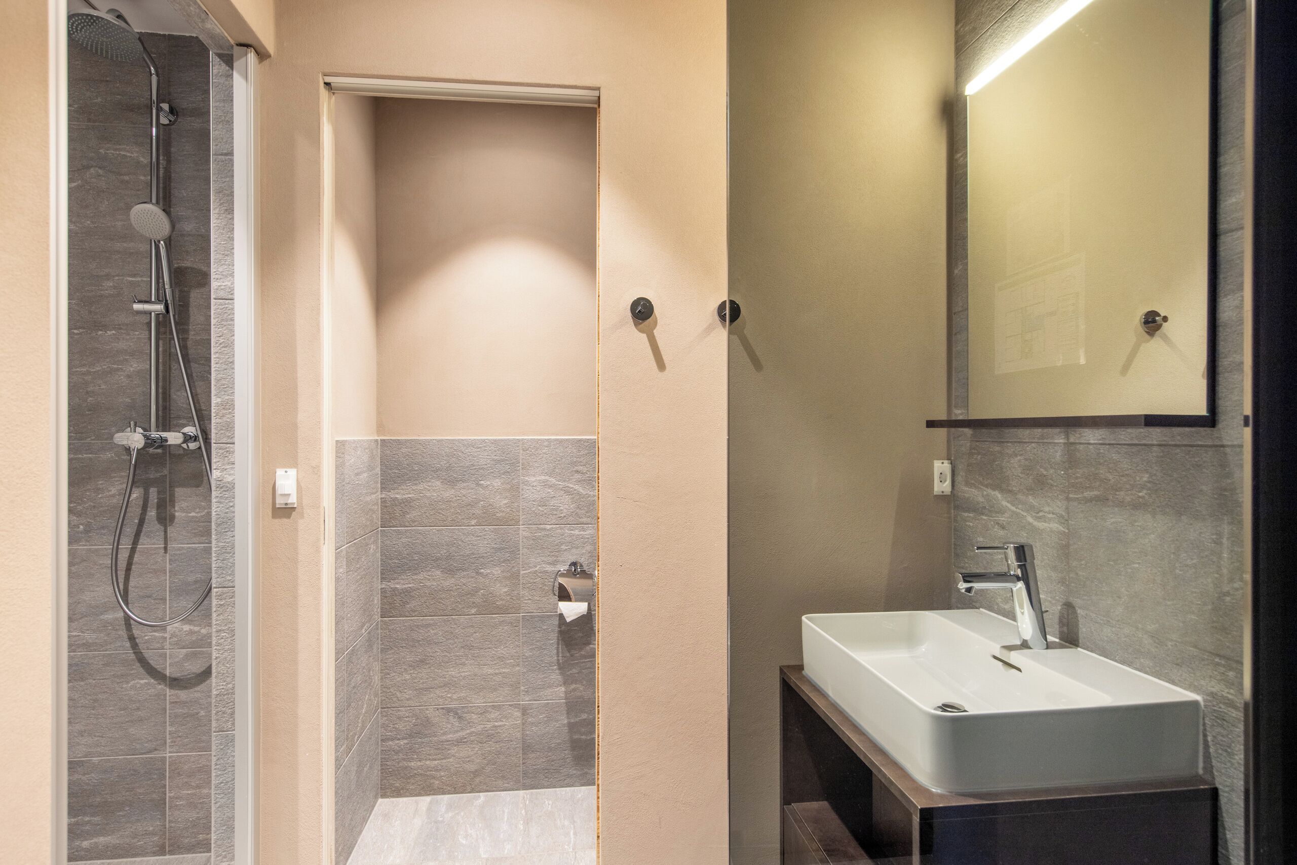 A modern bathroom with a shower, a sink, and a mirror.