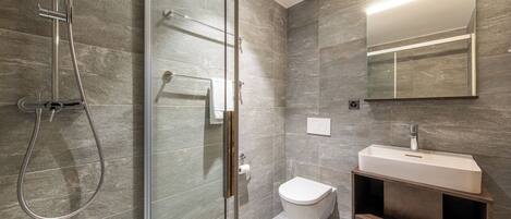 A modern bathroom with a glass shower enclosure, a white toilet, and a vanity with a mirror.