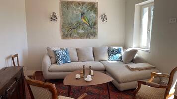 TV connectée, cheminée, livres, imprimantes