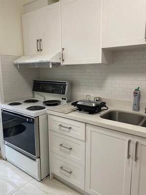 Fridge, microwave, stovetop, electric kettle