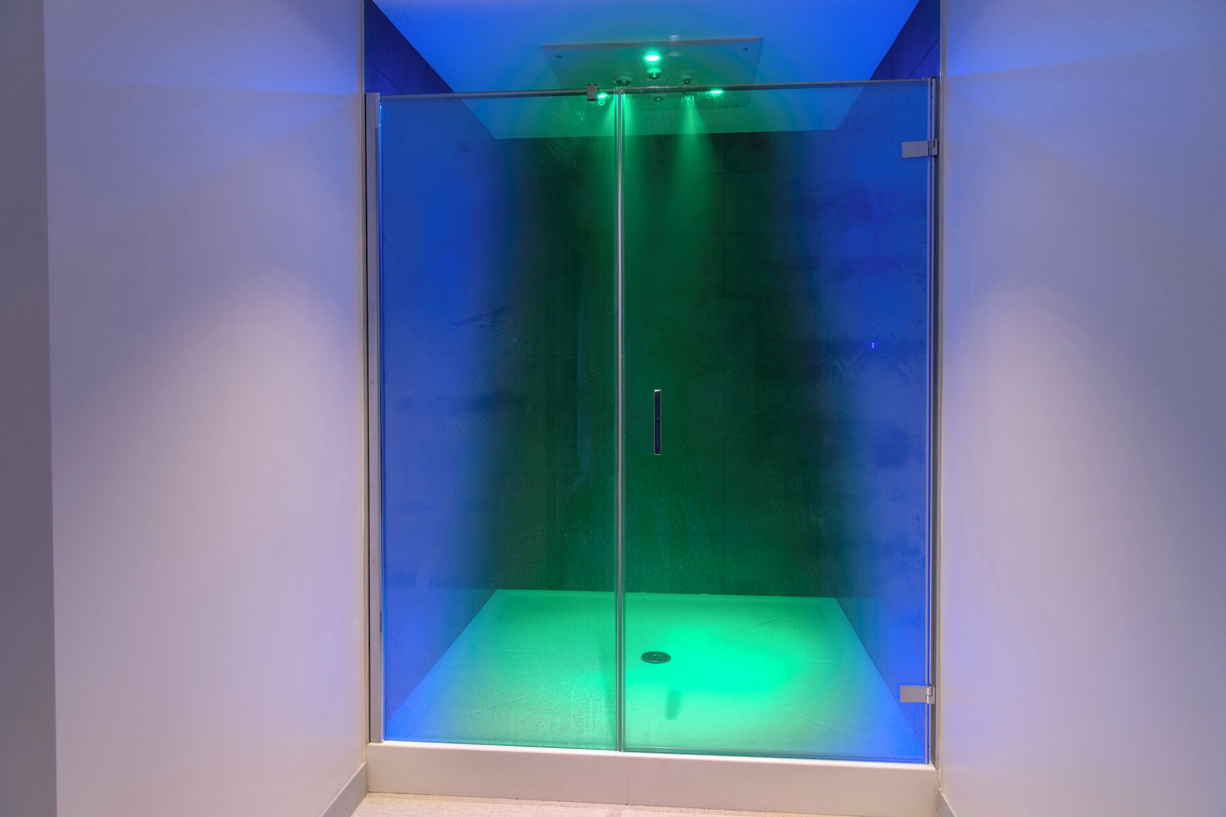 A glass-enclosed elevator with a green light at the top.
