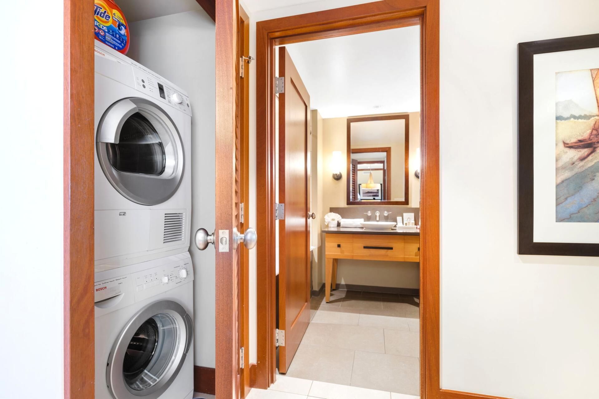 Une chambre d’hôtel équipée d’un lave-linge Bosch, d’une porte en bois donnant sur une salle de bain avec un lavabo et un miroir, et d’un tableau encadré accroché au mur.