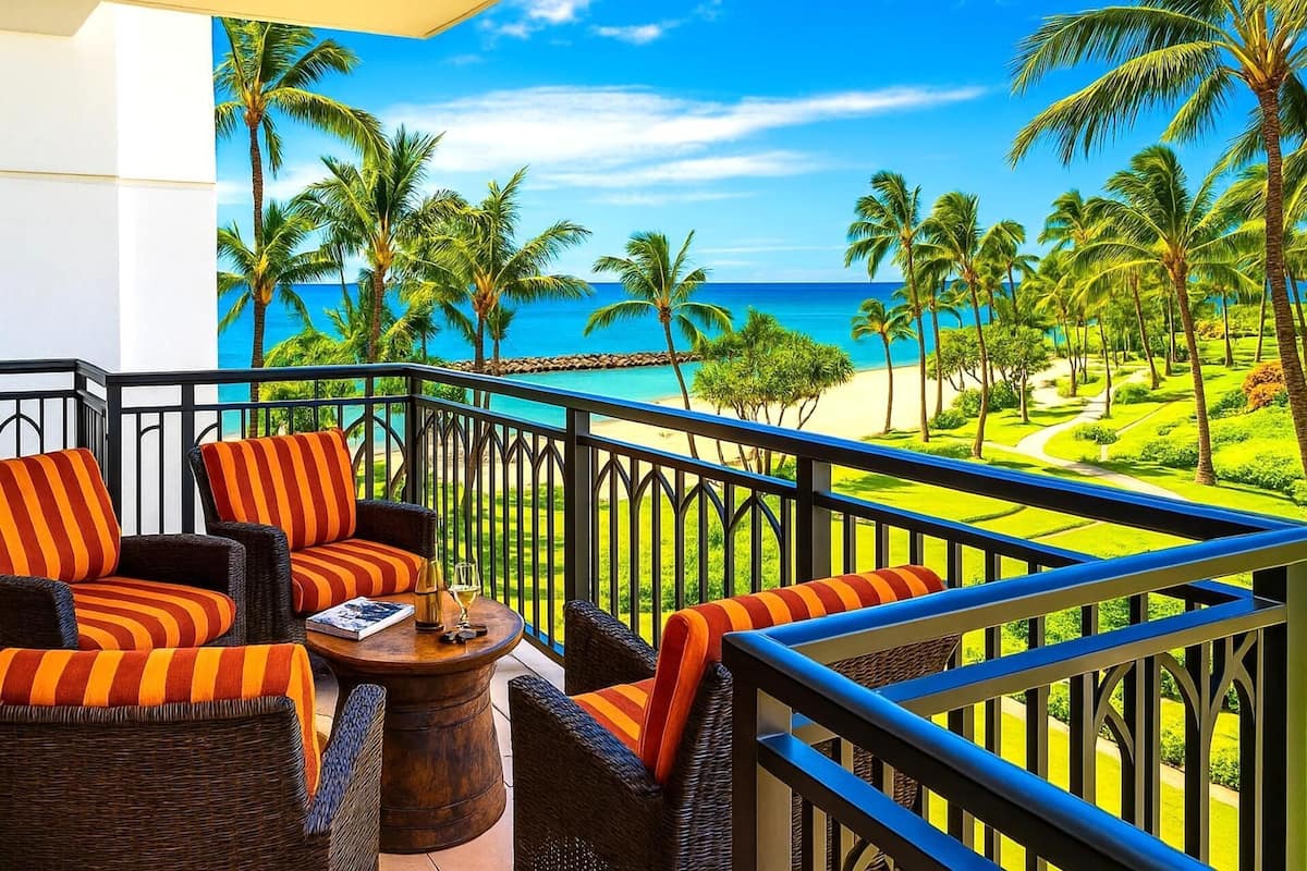 A balcony with wicker furniture, a glass table, and a view of a beach with palm trees and the ocean.