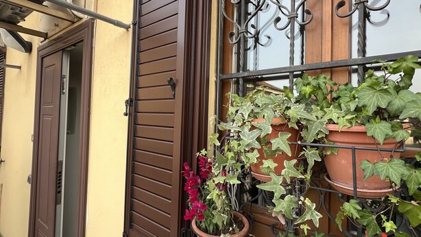A building with a brown door and window with metal bars. There are potted plants on the windowsill. - Cosy centrally located apartment with free of charge garage (Milano)