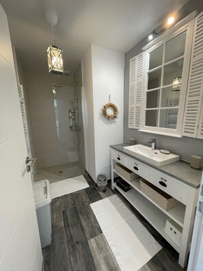 Shower, hair dryer, towels, toilet paper