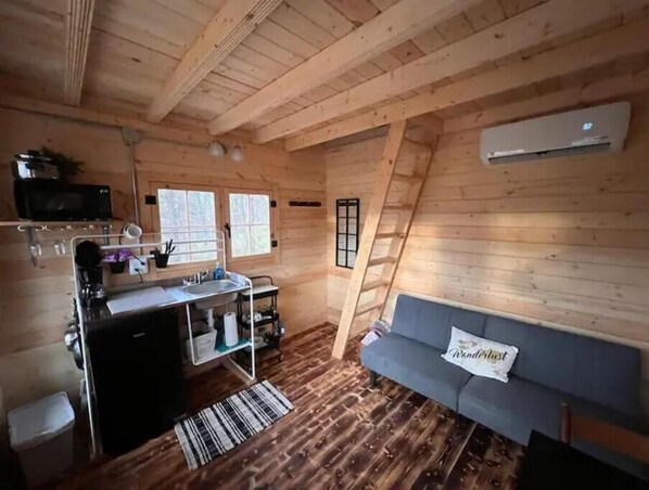 A compact cabin with a kitchenette, a sofa, and a ladder leading to a loft area. - Après Vine Tiny Cabin at Panther's Rest Farm (Makanda)