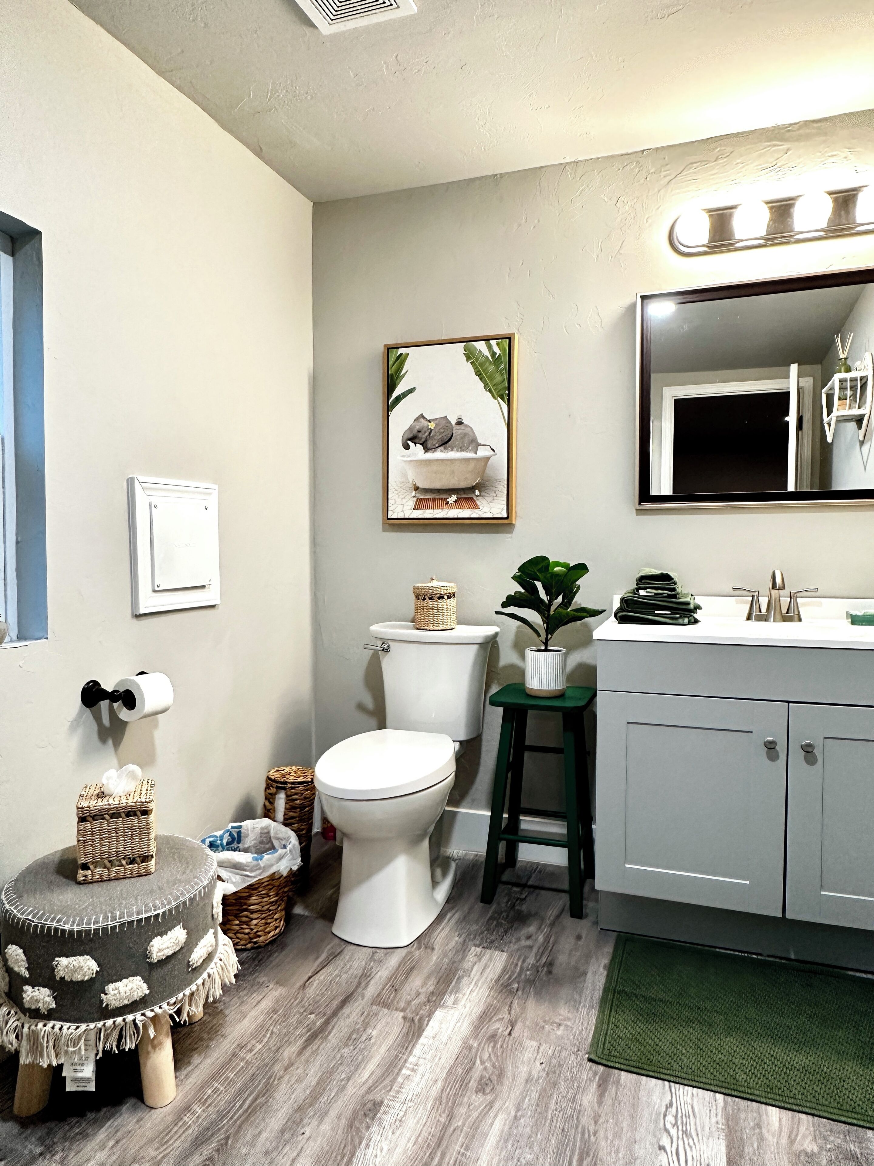 Shower, hair dryer, bidet, towels