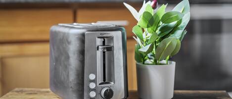 A toaster on a wooden surface with a potted plant beside it.
