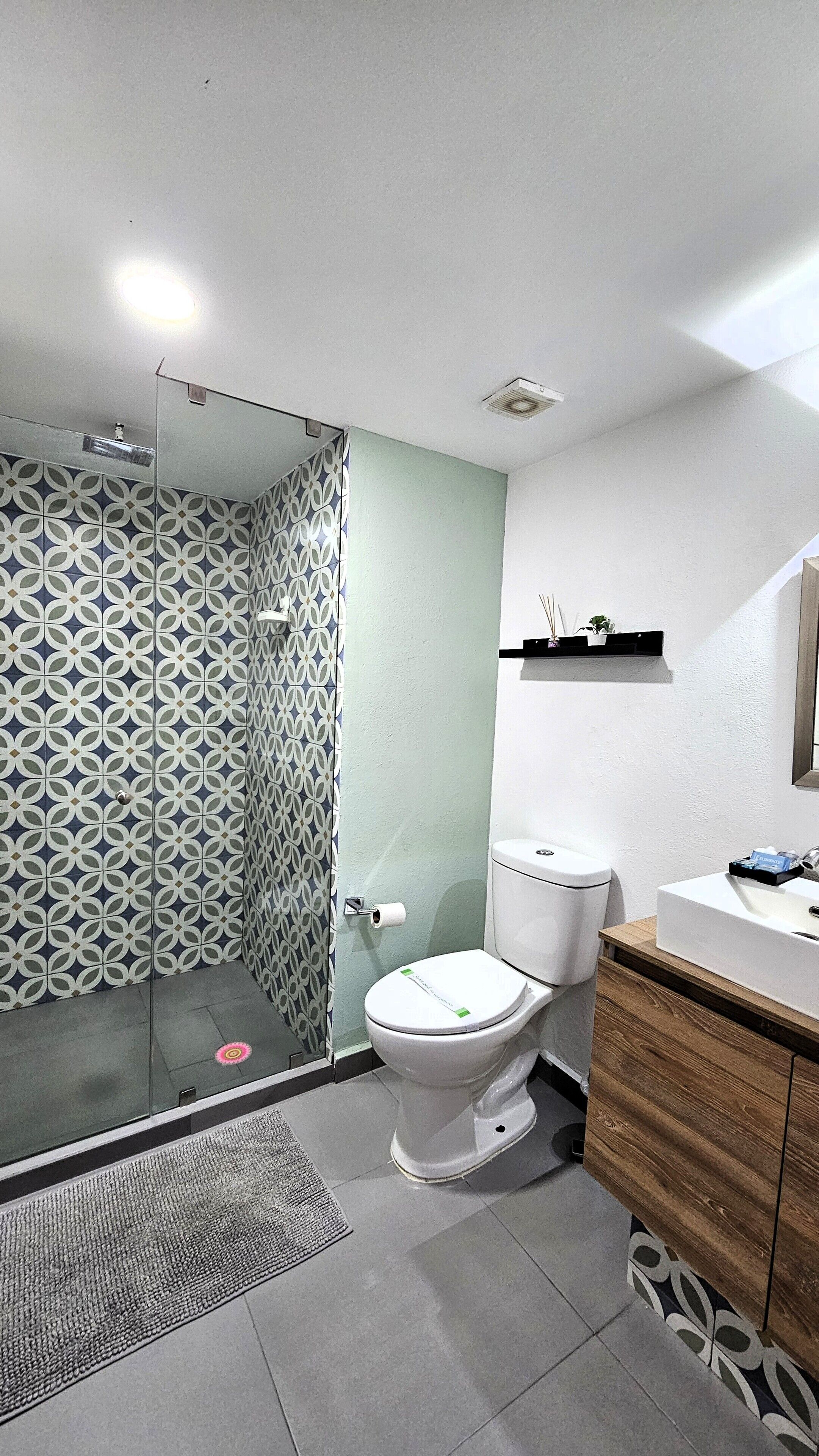 A modern bathroom with a shower, toilet, and sink.
