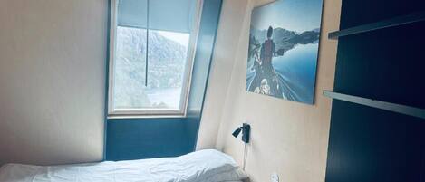 Une chambre à coucher avec un lit, une fenêtre, une étagère fixée au mur et un tableau.