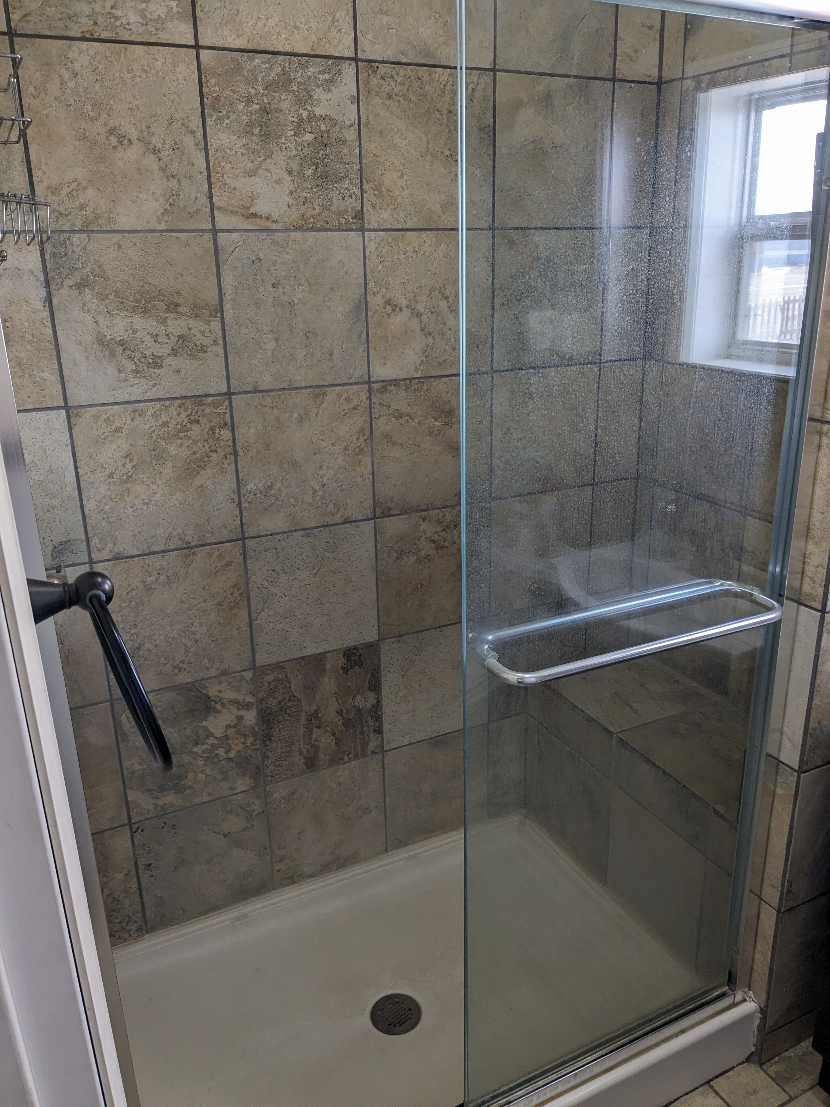 Shower, towels, soap, shampoo