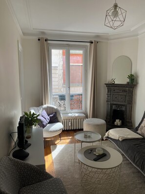 Televisión, chimenea y libros 