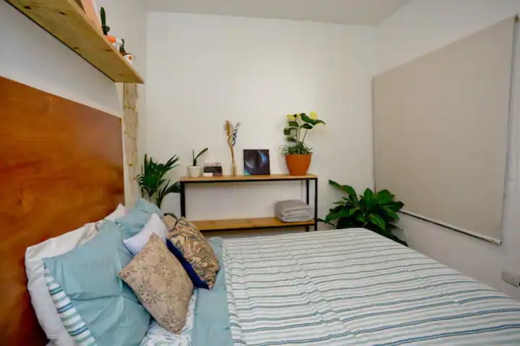 Een slaapkamer met een bed, kussens, een houten hoofdbord, een plank met planten en een raam.
