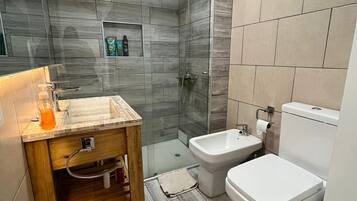 Secador de cabelo, toalhas de banho, sabonete, papel higiênico